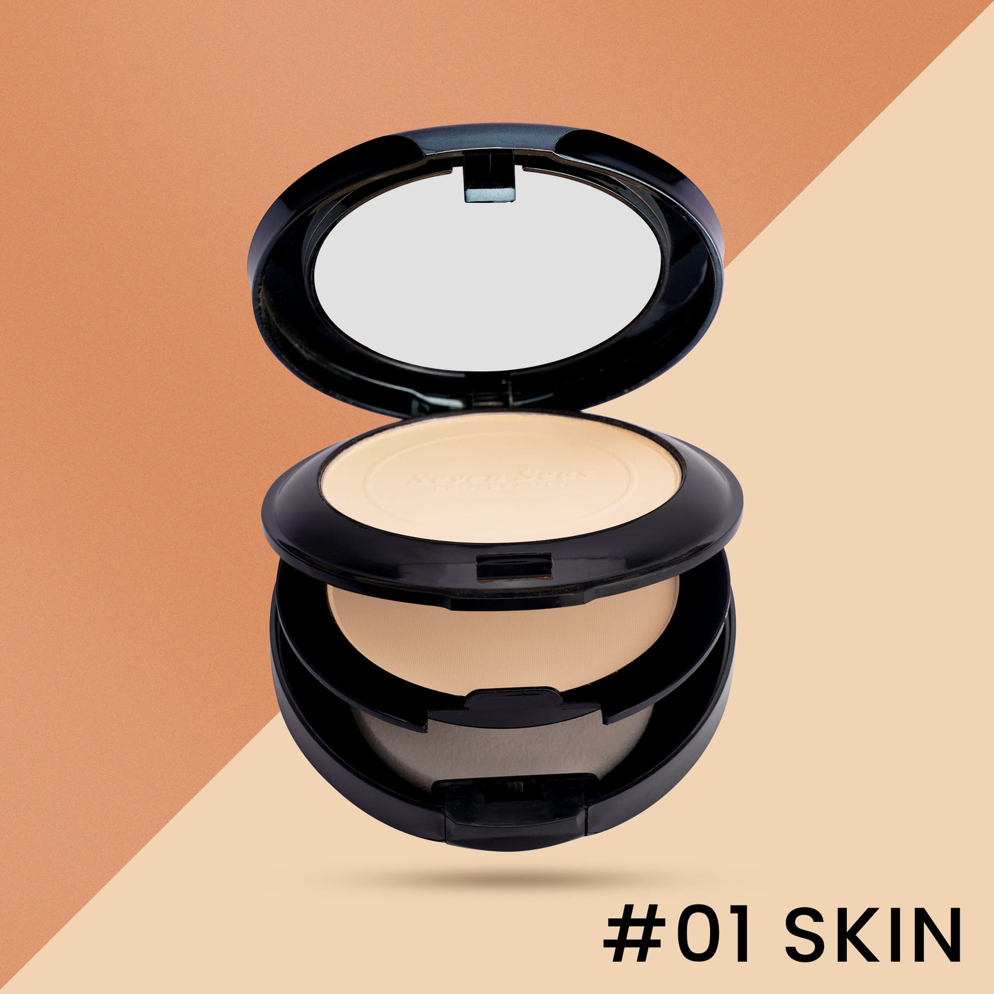 Compact powder in a black case on a two-tone brown background with '#01 SKIN' text.