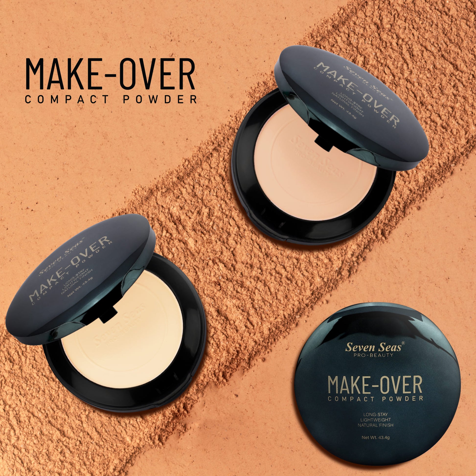 Make-Over compact powder with open cases on a brown background