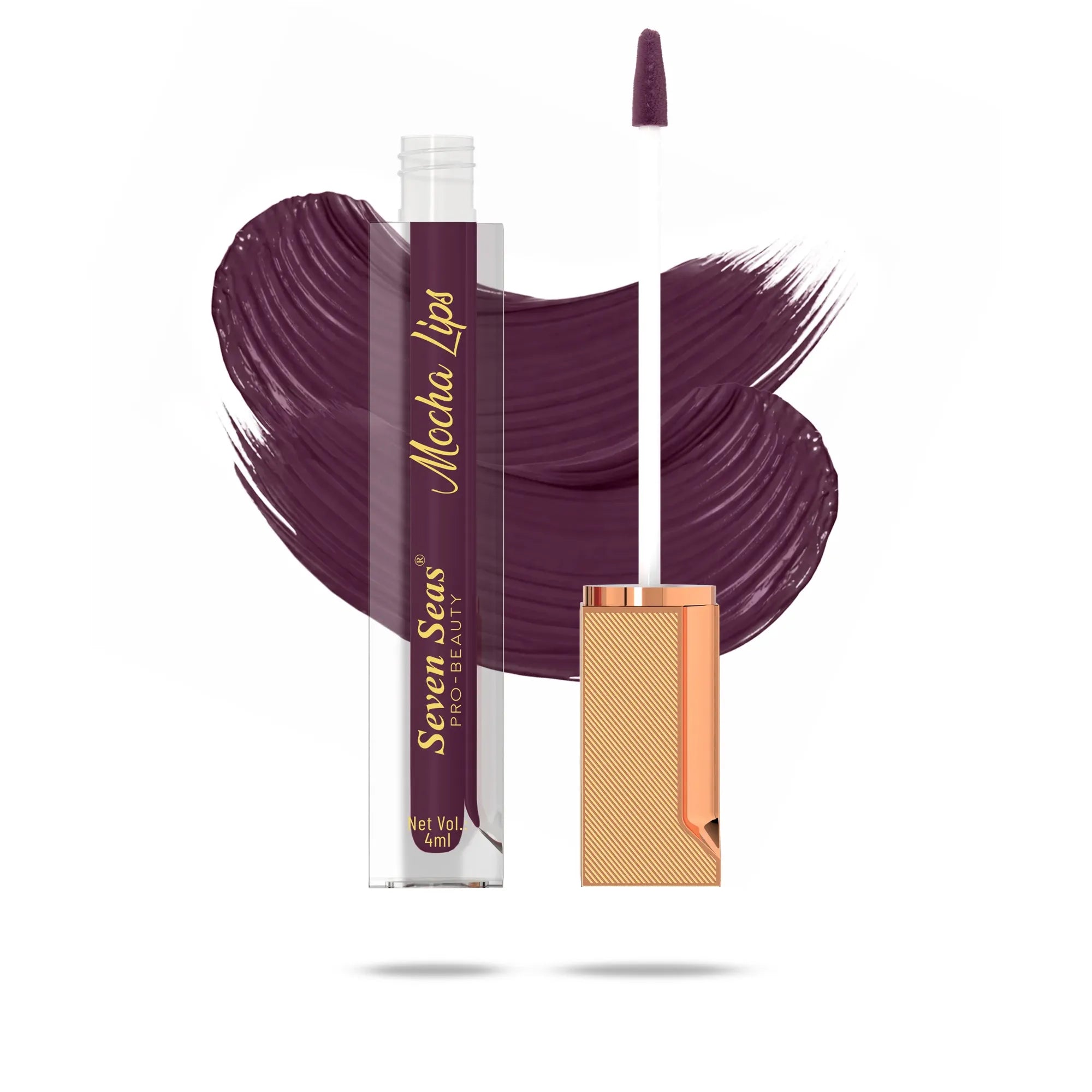 Mocha Lips liquid lipstick with rich purple swatch, sleek applicator, and gold packaging