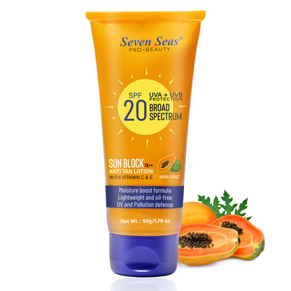 Seven Seas Sun Block Anti Tan Lotion With Vitamin C & E | UVA + UVB Protection | Broad Spectrum