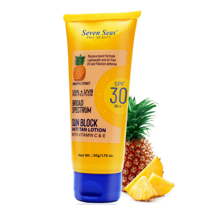 Seven Seas Sun Block Anti Tan Lotion With Vitamin C & E | UVA + UVB Protection | Broad Spectrum