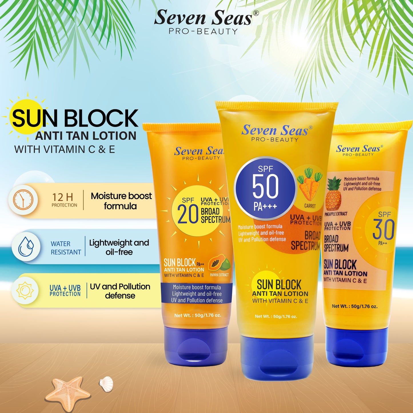 Seven Seas Sun Block Anti Tan Lotion With Vitamin C & E | UVA + UVB Protection | Broad Spectrum